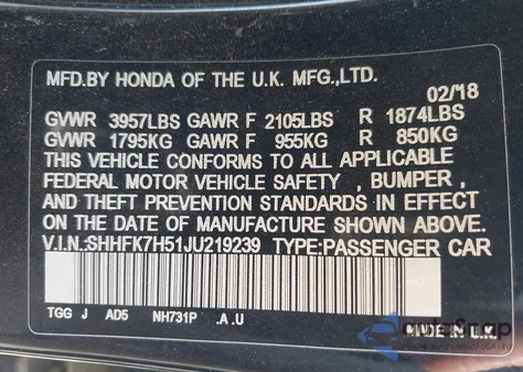 2018 Honda Civic Ex from USA, damaged, VIN SHHFK7H51JU219239